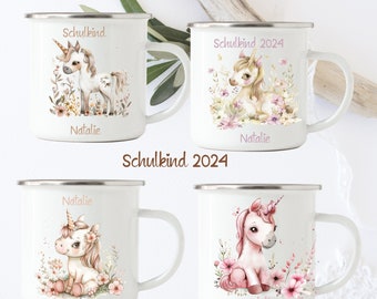 Emaille Tasse Personalisiert  für Kinder/  Einschulung Geschenk, Mädchen , Unicorn, Blumen