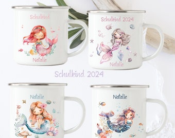 Emaille Tasse Personalisiert  für Kinder/  Einschulung Geschenk, Mädchen , Meerjungfrau, Unterwasserwelt