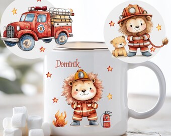 Emaille Tasse  Personalisiert mit Namen/ Geschenk Kinder / Feuerwehrauto, Löwe Feuerwehr