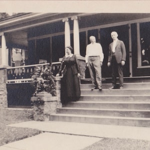 Antique Photo, Standing on the Steps, Stoop, Vernacular, Porch, Fashion, Women, Men, Plants, Suburban, Lawn, Suit, Black Collared Dress