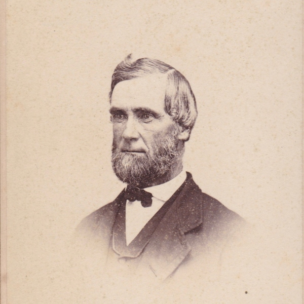 Antique 19th Century CDV, Carte de Visite, Man with Full Beard and Cravat, Pointy Hairstyle, Suit, American, Mens Fashion, M.F. King, Maine