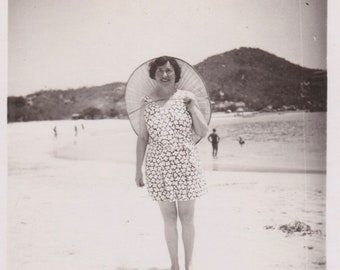 Vintage Photo, Woman with Large Hat Stands on Beach, Vernacular, Bathing Suit, Fashion, Mountain, Water, Sand, Shore, Tooth Gap, Summer