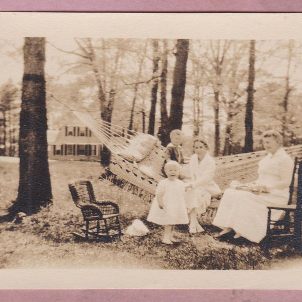 Vintage Photograph, Women and babies in garden, hammock, lawn, summer, garden, family, vernacular, white dresses, mother, grandmother