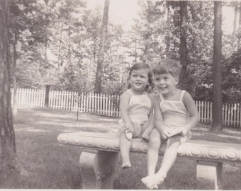 Vintage Photo, Cute Toddlers Sitting on a Bench, Vernacular, Children, Boy, Girl, Summer, Kodak, Velox, Grass, Candid, White Picket Fence