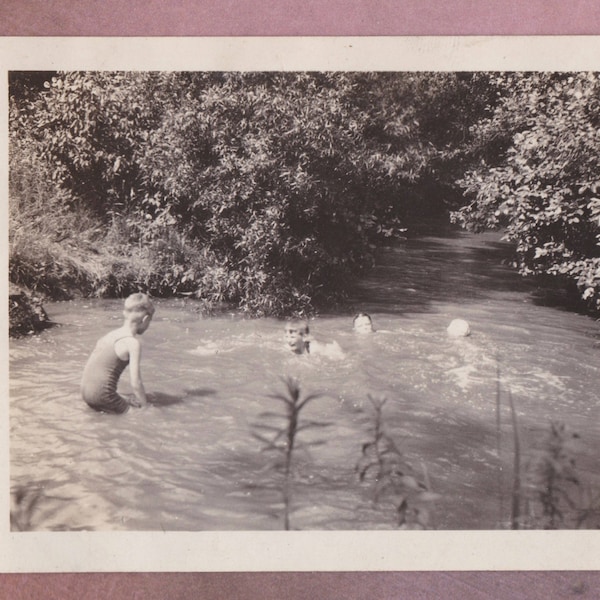 Vintage Photo, Children at Swimming Hole, Vernacular, 1930,Swimming, Playing, Rural, Water, Fun, Woods, Country, Forest, Outdoors, Nature