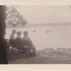 Vintage Photo, Three Women on Bench Look at a Lake, Vernacular, Hats, Swimmers, Canoe, Summer, Park, Walden, New York, Pensive, Water