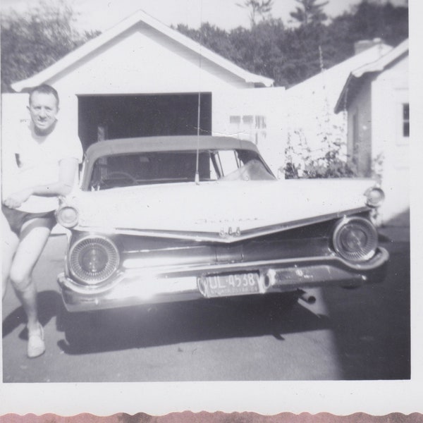 Vintage Photo, Man in Underwear or Bathing Suit Poses with Car, 1964, Ford, Fairlane, Odd, Automobile, 1960s, Vernacular, Kodak, Candid, USA
