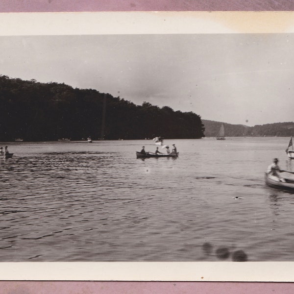 Antique Photo, Boating on The Lake, Vernacular, Rowing, Mountains, Water, Sailboat, Trees, Summer, Parasol, Flag, Snapshot, Maritime, Boats