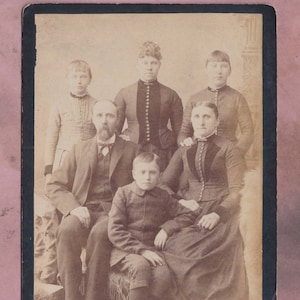 Antike späten 1800er Jahren Familienbild, Schrank-Karte, viktorianische Mode, Illinois Geschichte, Fotografie, ungerade, J.A. Davison, Knopf vorne Kleid