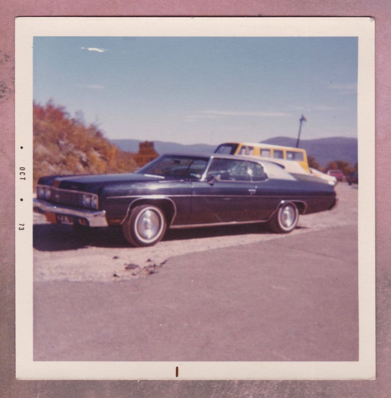 Vintage Photograph, 1973, Chevy Impala, Blue Car, Taconic Trail, Massachusetts, Mountains, Vernacular, Chevrolet, Transportation image 1