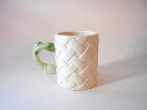 Fitz and Floyd Mug, Kitchen Harvest Green Onion, vintage mug, ceramic, vegetable, basket weave, green and white, country kitchen, whimsical