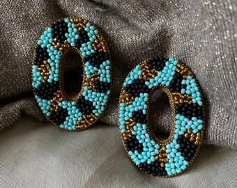 Blue Beaded Earrings for Women, Lightweight Large Studs, Colorful Statement Earrings Handmade Embroidery