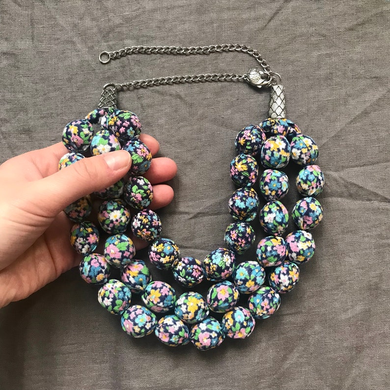 Handmade Fabric Necklace with floral print Textile Necklace Three Strand Cotton Choker