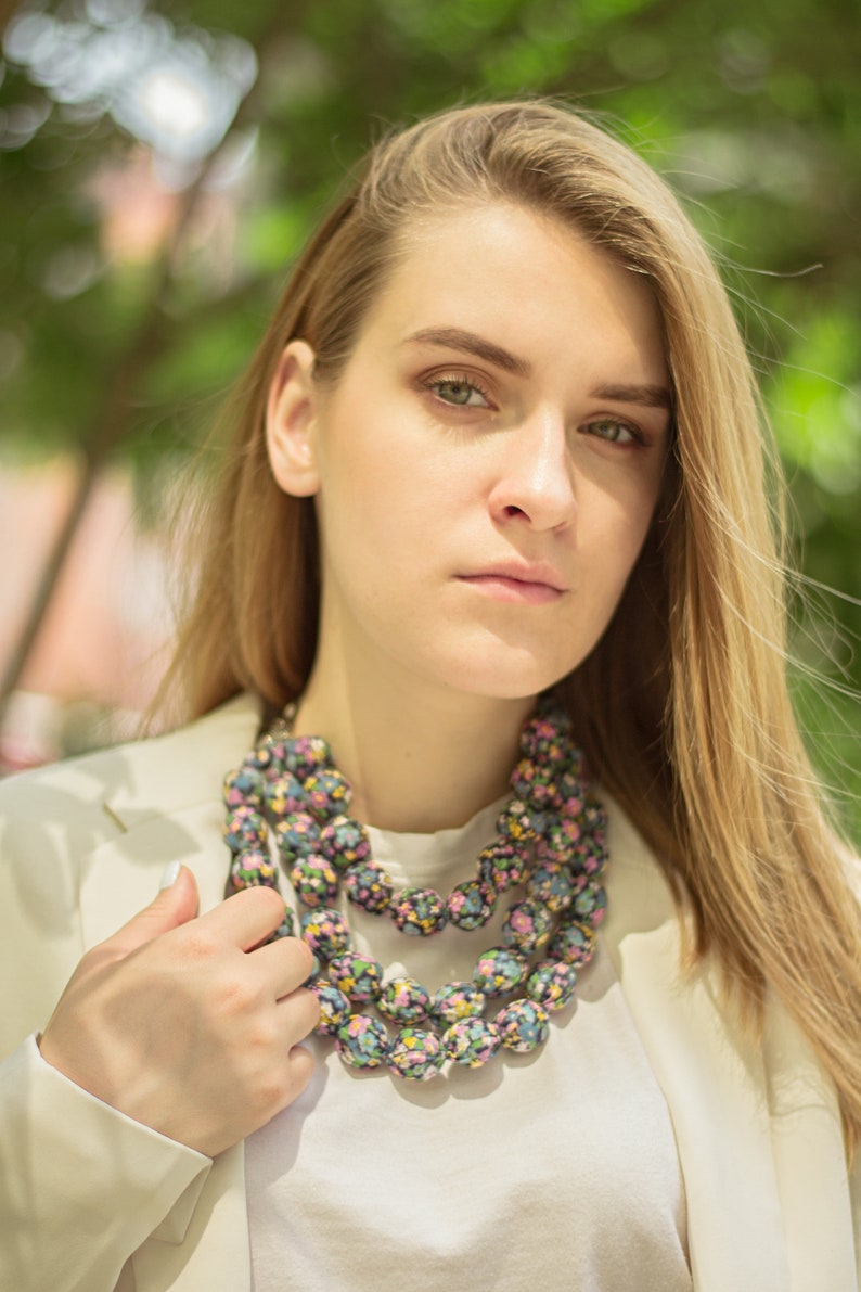 Handmade Fabric Necklace with floral print Textile Necklace Three Strand Cotton Choker