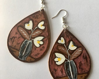 Bloomsbury style earrings, Charleston style earrings, leather, hand painted, statement earrings, boho earrings.