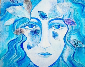 Woman art, textile art, water themed art, blue artwork, bedroom painting, original artwork, female face art, calming artwork, celestial.