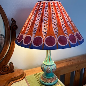 Large Bloomsbury lampshade, bohemian interiors, Duncan Grant, hand painted lampshade, bespoke lighting, Vanessa Bell lampshade. Omega