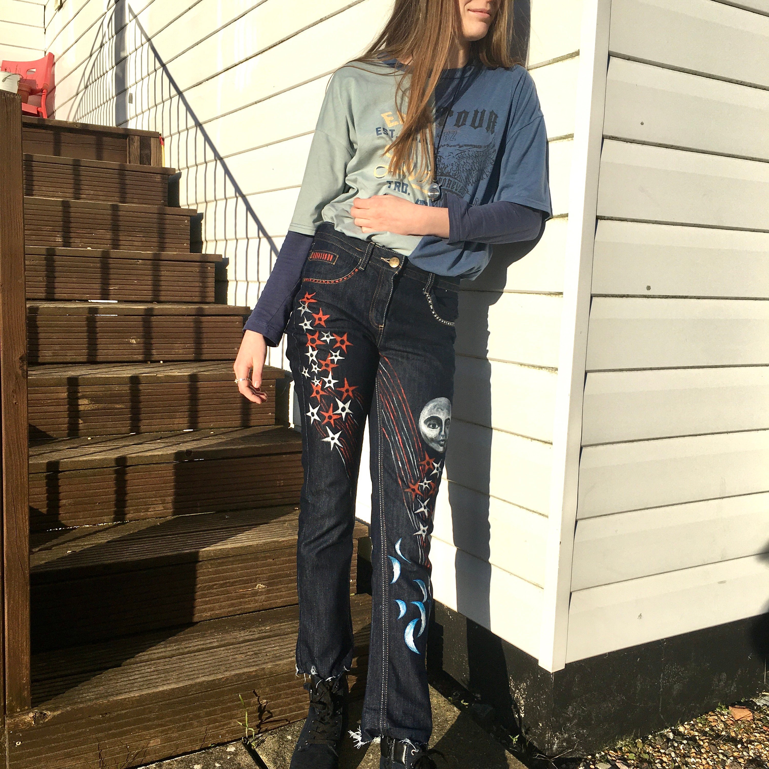 Hand Painted Jeans, Custom Jeans, Moon Jeans,stars Jeans Hand Painted Jeans, Custom Jeans, Moon Jeans,stars Jeans