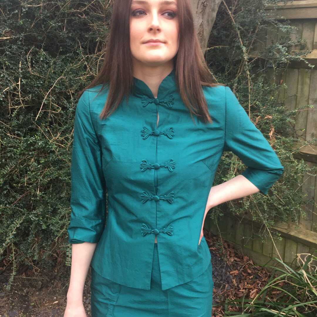 Chinese Suit, Vintage Chinese Silk Suit, Green Chinese Suit, 80s