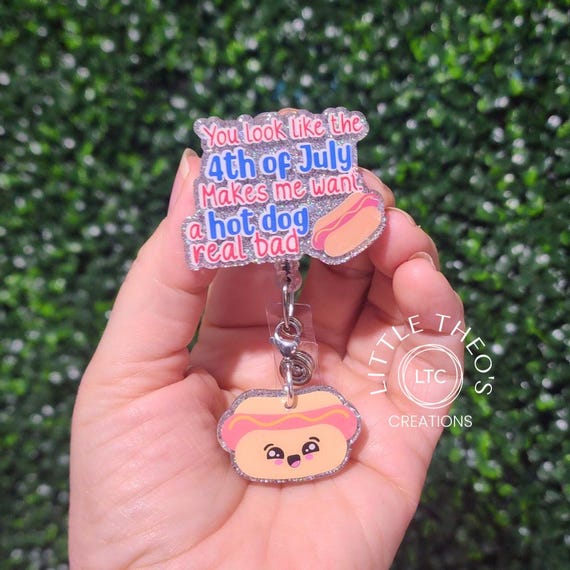 Funny 4th of July Badge Reel: Hotdog Charm, Summertime ID Holder, Interchangeable Topper