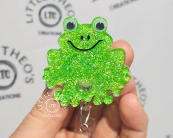 Carrete de insignia de rana: Clip de insignia de animal acrílico con brillantina
