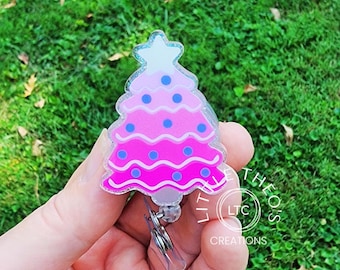 Pink Christmas Tree Badge Reel: Glitter Holiday ID Holder