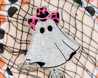 Ghost Cowgirl Badge Reel: Spooky Western ID Holder
