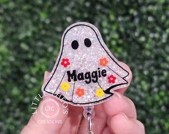 Personalized Ghost Badge Reel, Glitter Halloween Topper