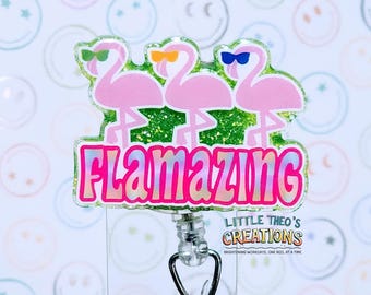 Flamazing Flamingos Badge Reel, Interchangeable Summer Nurse ID Holder