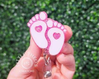 Baby Feet Badge Reel: Pink Glitter Nurse Badge Clip