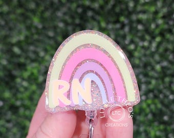 Personalized Pastel Rainbow Badge Reel: RN, Nurse, Healthcare ID