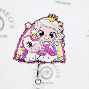 Princess Unicorn Badge Reel: Retractable ID Holder, Interchangeable Topper
