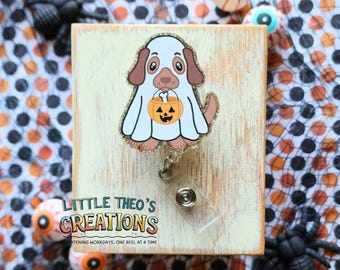 Porta credencial de perro fantasma de Halloween, porta credencial de calabaza para pedir dulces
