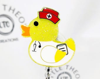 Rubber Ducky Badge Reel, Pediatric Nurse Interchangeable Acrylic Topper, Animal Badge Holder