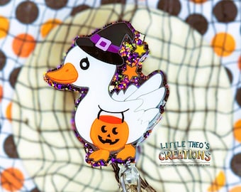 Witch Goose Halloween Badge Reel: Glittery Retractable ID Holder