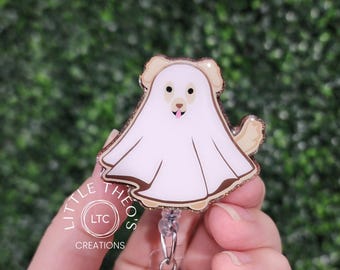 Porta credencial de perro fantasma: porta credencial de mascota espeluznante para Halloween