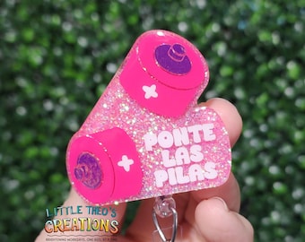 Pink Ponte Las Pilas Badge Reel: Funny Spanish Motivation, Interchangeable Topper