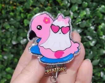 Summerween Ghost Badge Reel, Pink Flamingo Halloween Badge Holder, Spooky Summer Nurse Badge, Interchangeable Topper