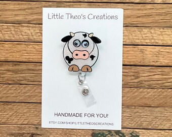 Pudgy Cow Badge Reel, Retractable Acrylic ID Holder