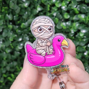 Mummy Badge Reel, Flamingo Pool Float Retractable ID Holder, Halloween Acrylic Badge Reel for Nurses, Spooky Interchangeable Topper