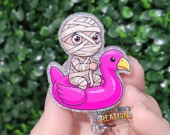 Mummy Badge Reel, Flamingo Pool Float Retractable ID Holder, Halloween Acrylic Badge Reel for Nurses, Spooky Interchangeable Topper