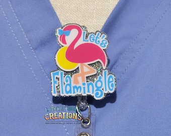 Let's Flamingle Badge Reel: Pink Flamingo Bird Badge Clip, Interchangeable Topper Option