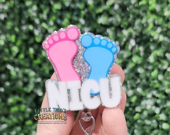NICU Baby Feet Badge Reel • Pink Blue Neonatal Nurse ID Holder