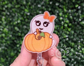 Ghost with Pumpkin Badge Reel: Spooky-Cute Halloween Topper