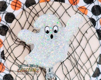 Glitter Ghost Badge Reel – Sparkly Halloween Nurse ID Holder