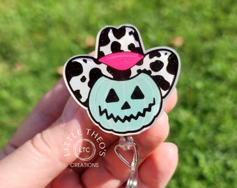 Cowboy Pumpkin Halloween Badge Reel: Western Spooky Fall Clip