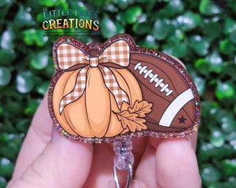 Fall Pumpkin Football Badge Reel, Interchangeable Thanksgiving Football Lover ID Holder