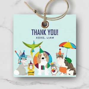 May include: Thank you tag with a blue border and a light blue background. The tag features a group of animals wearing pool party accessories. The text on the tag reads "Thank You! XOXO, Liam".