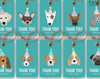May include: Ten printable turquoise blue puppy party favor tags with different dog breeds wearing party hats. Each tag says "Thank You!" with the text "XOXO, Maddie" at the bottom.