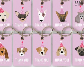 May include: Pink favor tags with various cartoon dog faces wearing party hats. Each tag has the text "THANK YOU!" in white, with "XOXO, Maddie" below. The tags are strung with twine.